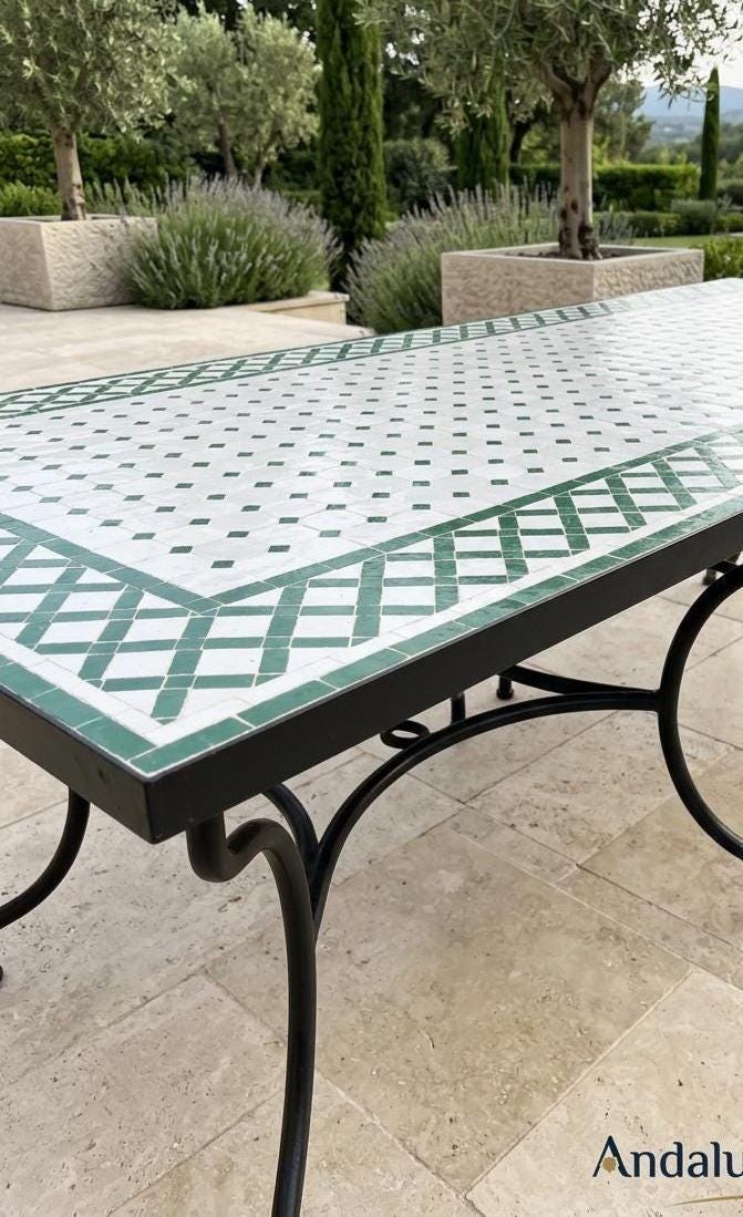 Moroccan Mosaic Table, Round Zellige Tile Powder-Coated Iron Base