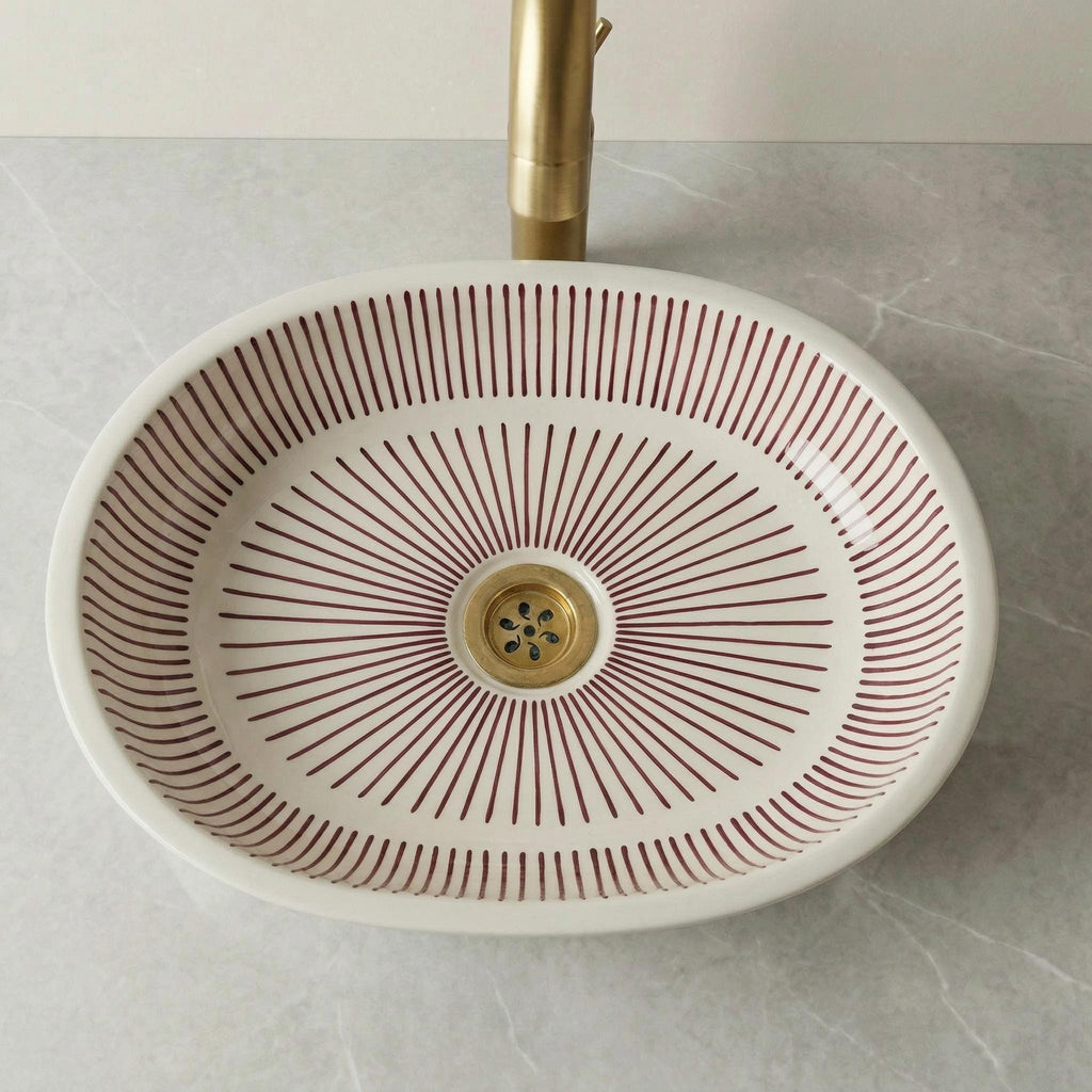 Emerald Ceramic Vessel Sink, Oval Moroccan 40cm, Free Brass Drain
