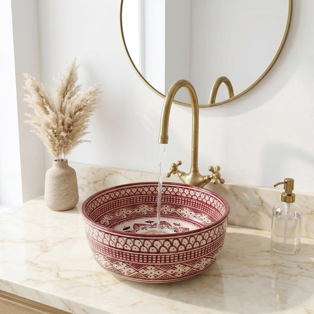 Moroccan Ceramic Vessel Sink, Ruby Red Checkered - 8–16" Diameter