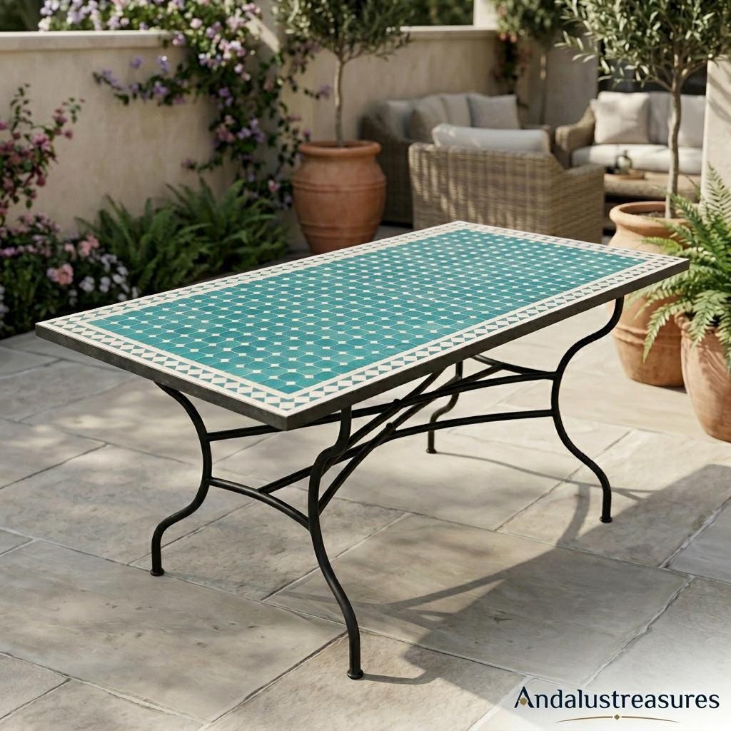 Moroccan Zellige End Table, Hand Cut Mosaic Top, Powder Iron Base