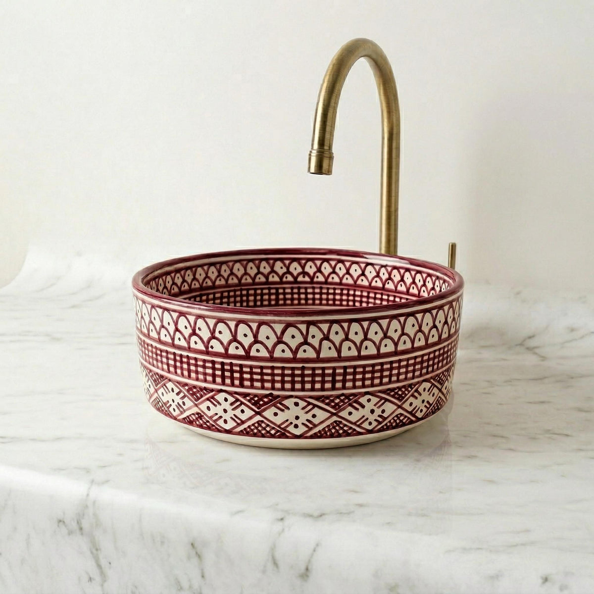 Moroccan Ceramic Vessel Sink, Ruby Red Checkered 12" Kiln-Fired.!