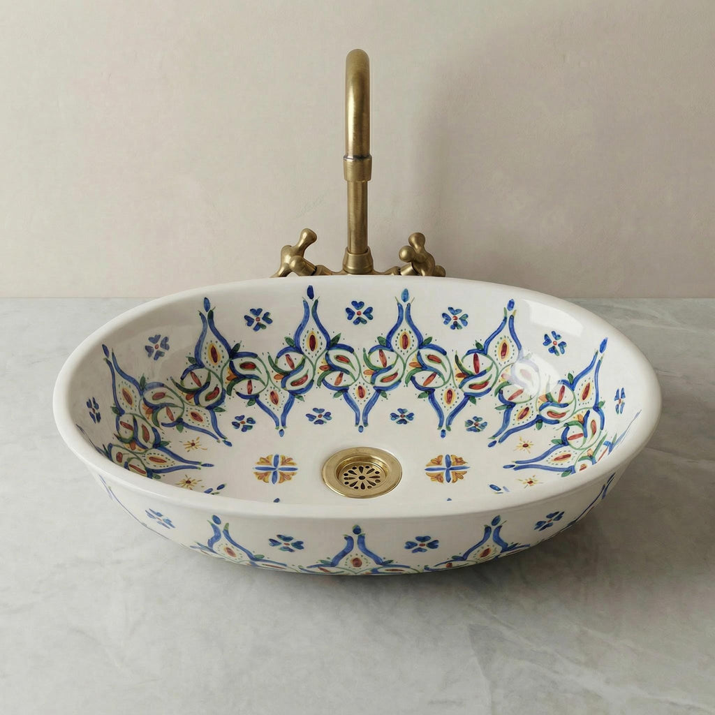 Ceramic Vessel Sink' Cobalt Oval 40cm Porcelain Basin BrassDrain