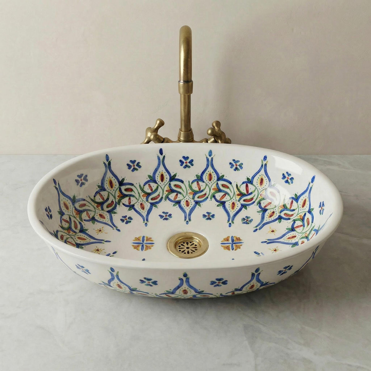 Ceramic Vessel Sink' Cobalt Oval 40cm Porcelain Basin BrassDrain
