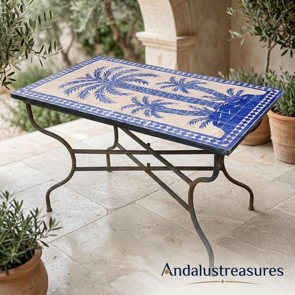 Moroccan Zellige Table, Palm Tree Mosaic Patio Table, 36 In Round
