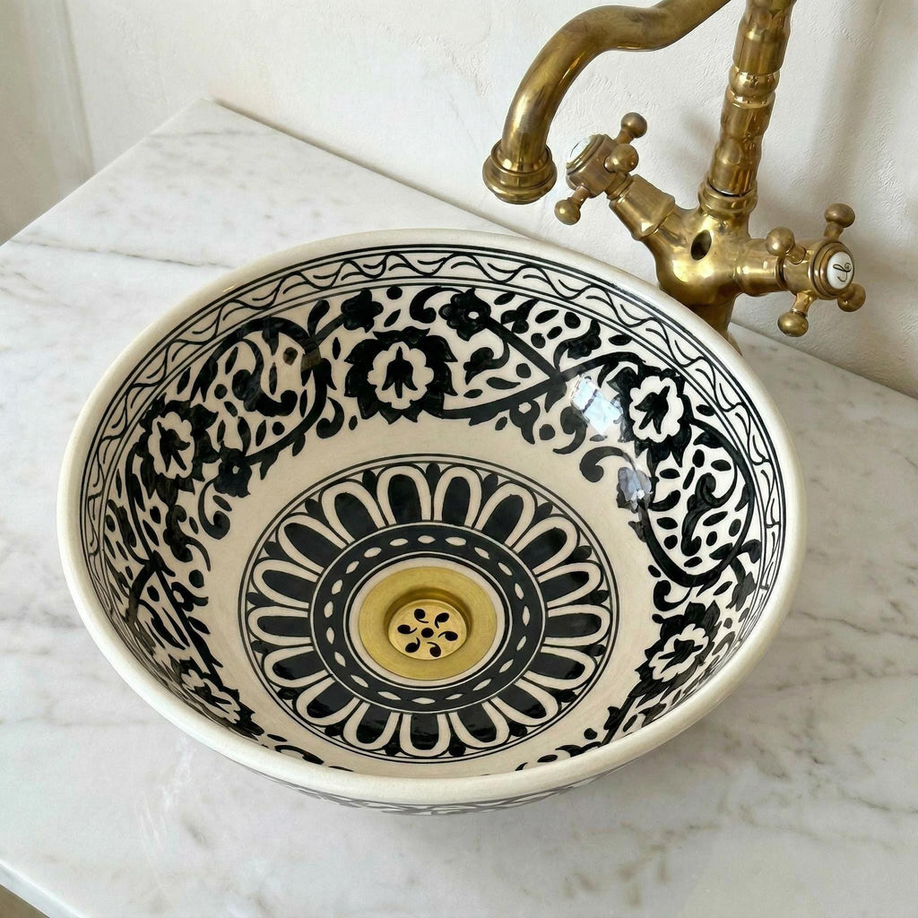 Ceramic Vessel Sink, Burgundy Hand-Painted Moroccan, 12" Diameter