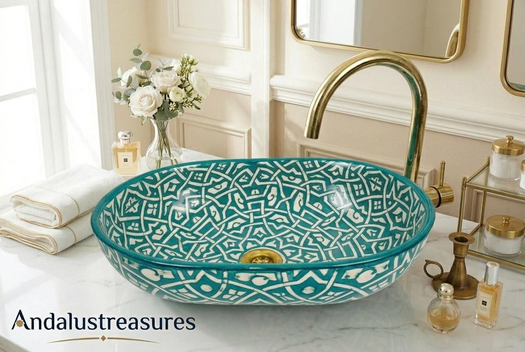 Green Moroccan Vessel Sink, Handcrafted Oval Porcelain Basin 40cm