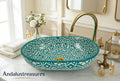 Green Moroccan Vessel Sink, Handcrafted Oval Porcelain Basin 40cm