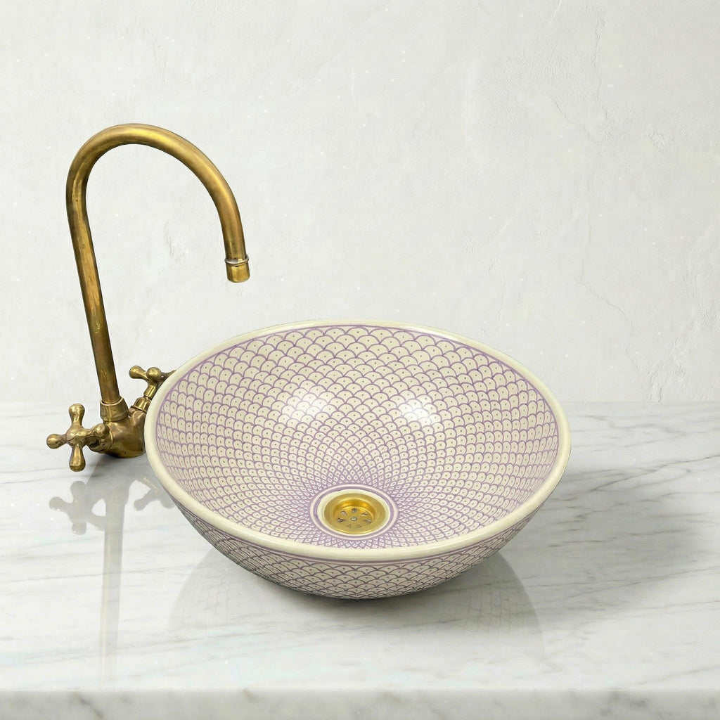 Moroccan Vessel Sink, Hand-Painted Burgundy Ceramic, 8-16" Round.