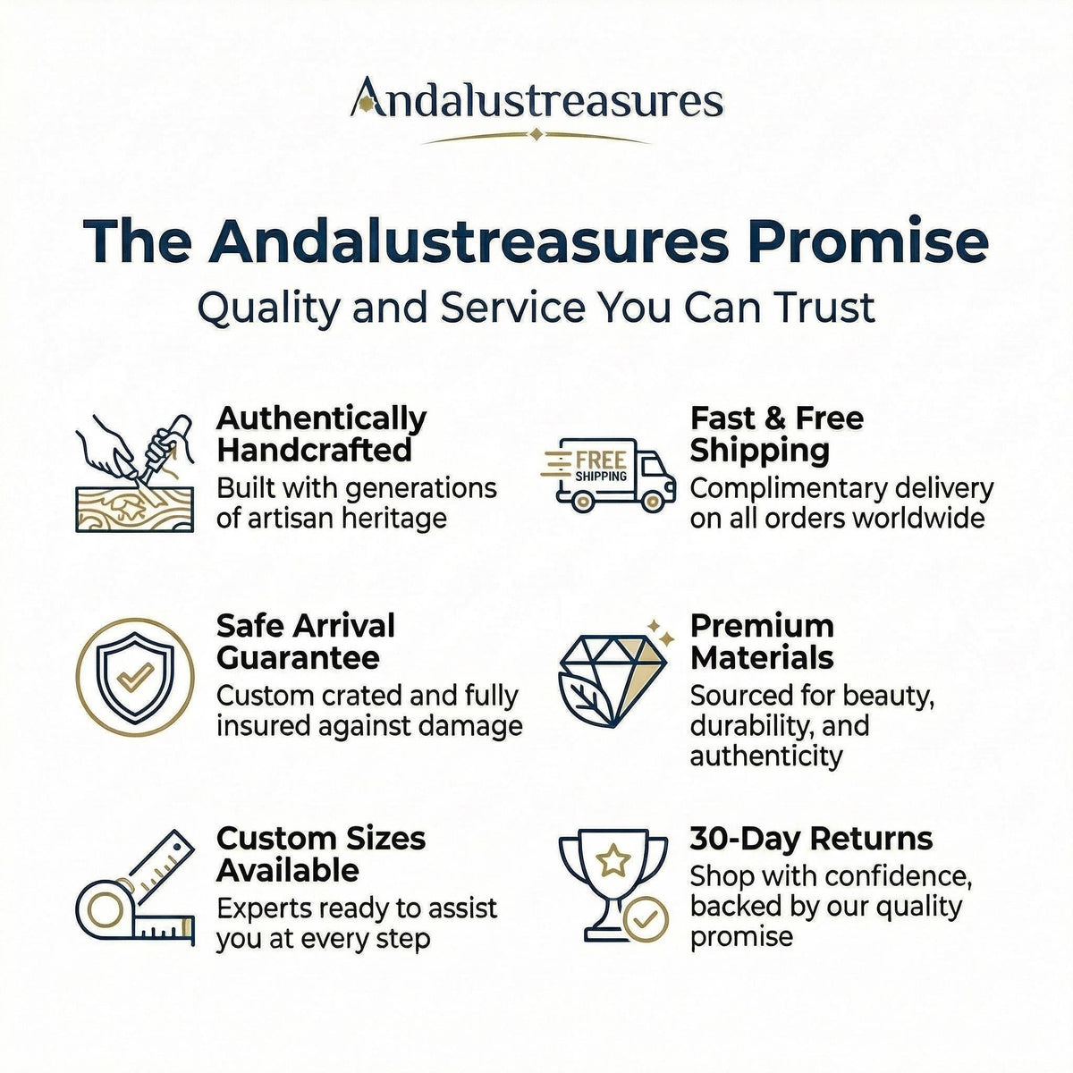 The image is an advertisement for Andalustreasures, a company that promises quality and service, including handcrafted items, fast and free shipping, a safe arrival guarantee, premium materials, custom sizes, and 30-day returns.