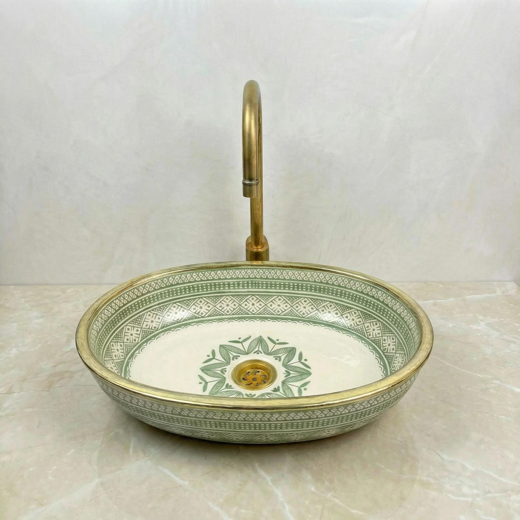 Sage Green Vessel Sink, Oval Hand-Glazed Porcelain 38x29–48x33 cm