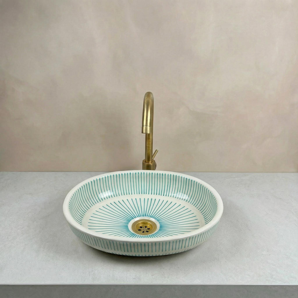 Fes Ceramic Washbasin' Oval Moroccan Vessel Sink, Handmade 40 cm Brass Drain