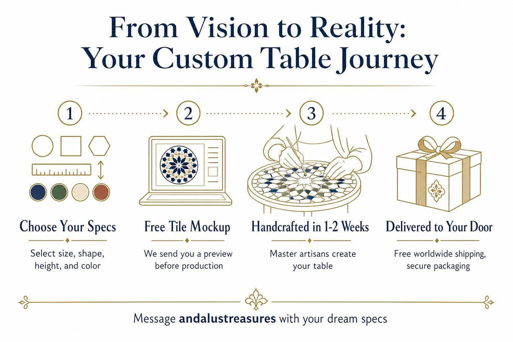 The image is a step-by-step guide that illustrates the process of creating a custom table, from selecting the specs to delivering the table. It includes illustrations of a laptop displaying a tile design, a handcrafted table, and a gift box. The guide provides a clear and concise description of each step, ensuring that the message is easily understood and free from redundancy.