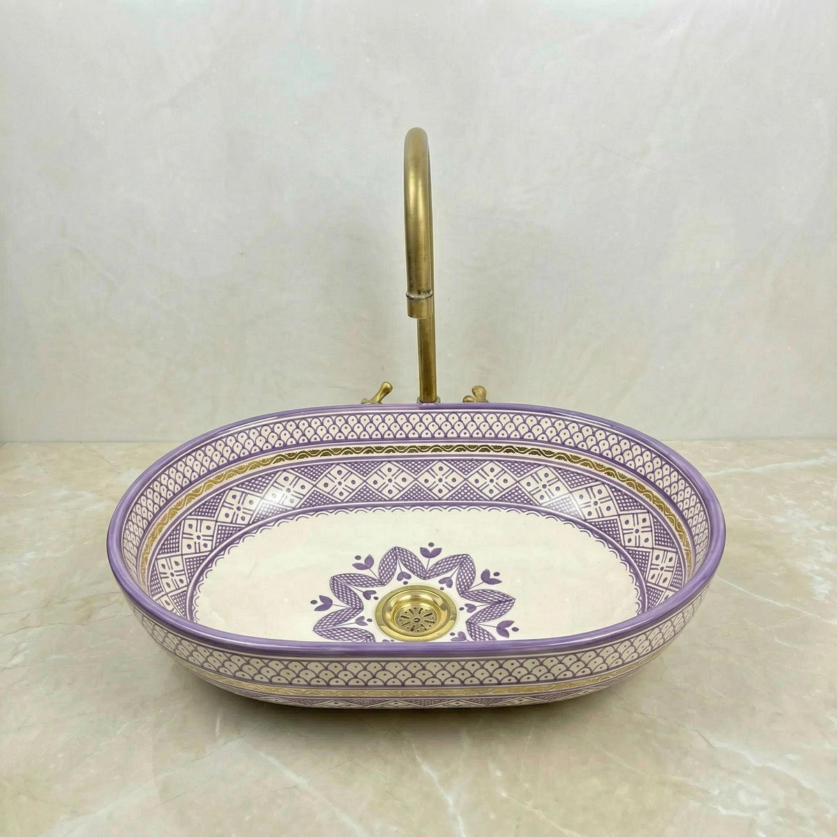 Moroccan Ceramic Vessel Sink, Oval Green Fishscale, Free Drain