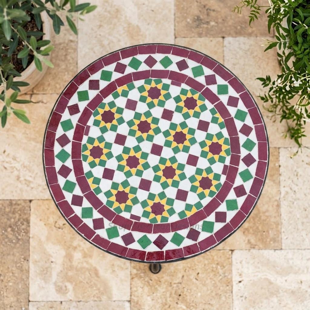 Moroccan Zellige Table', Handmade Mosaic Top, 12-48 In, Iron Base