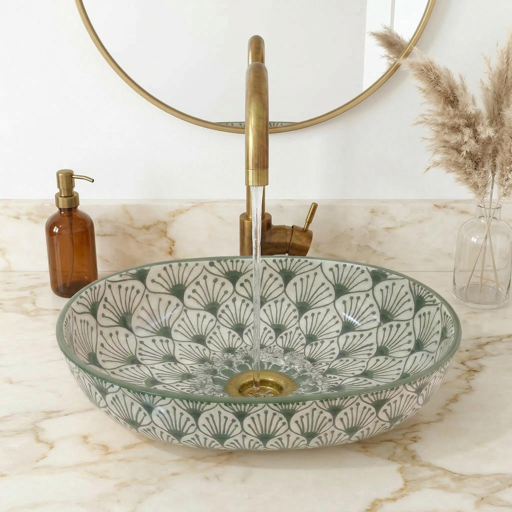 Sage Green Vessel Sink, Oval Ceramic Basin With Free Brass Drain.