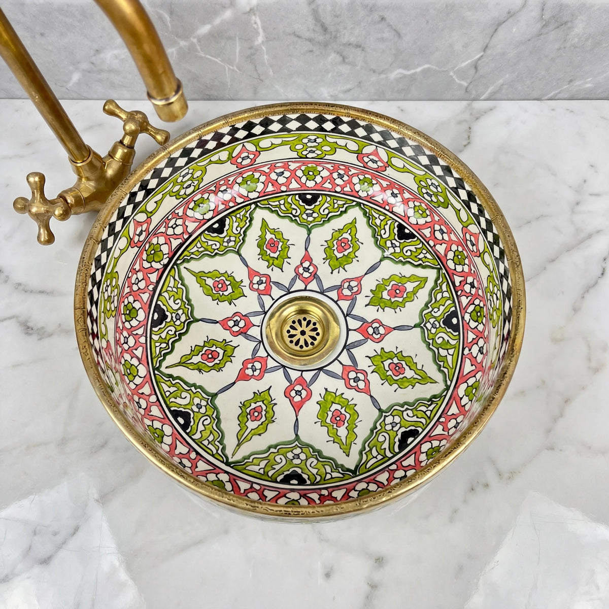 Moroccan Ceramic Sink, Handcrafted Ruby Red Vessel 30cm Brass Rim