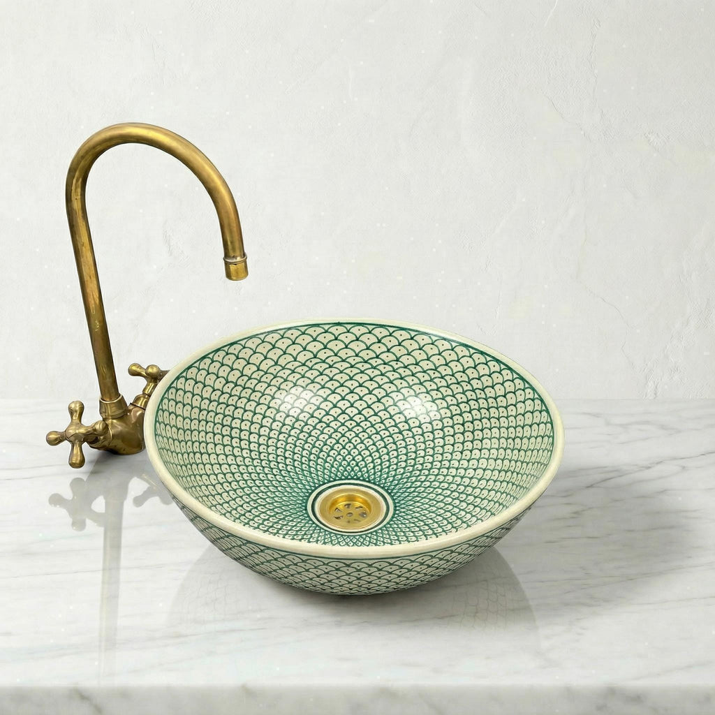 Moroccan Vessel Sink, Hand-Painted Burgundy Ceramic, 8-16" Round.
