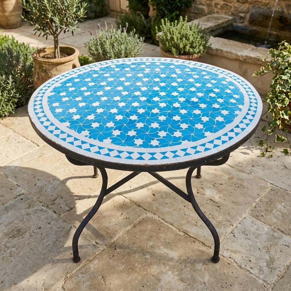 Moroccan Mosaic Coffee Table, 36in Round Handmade Zellige Outdoor