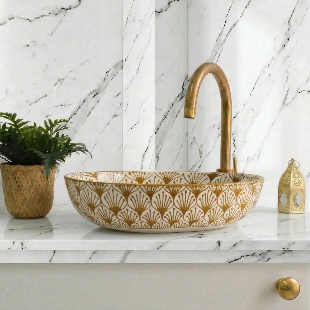 Moroccan vessel sink, Oval Ceramic 32-48 cm Emerald, Brass Drain