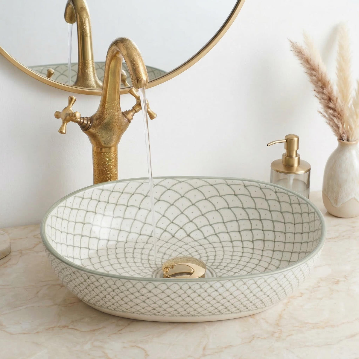 Moroccan Vessel Sink, Hand-Painted Green Oval Porcelain, 32-48 Cm.