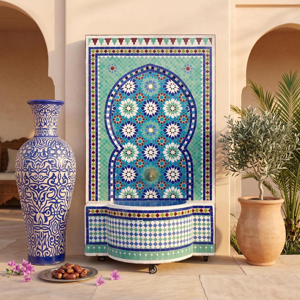 a decorative tile fountain with a blue and white vase on the left side and a potted plant on the right side, set against a beige wall with arches.