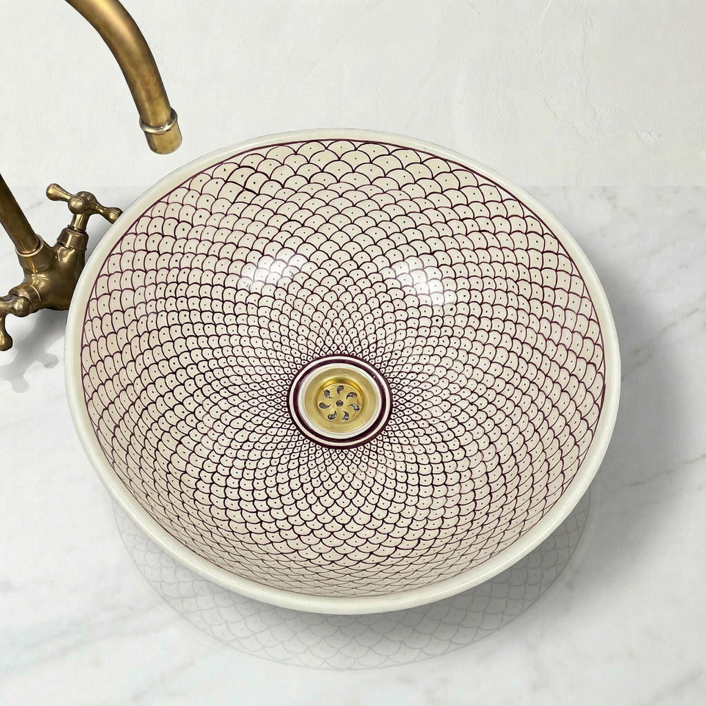 Moroccan Vessel Sink, Hand-Painted Burgundy Ceramic, 8-16" Round.