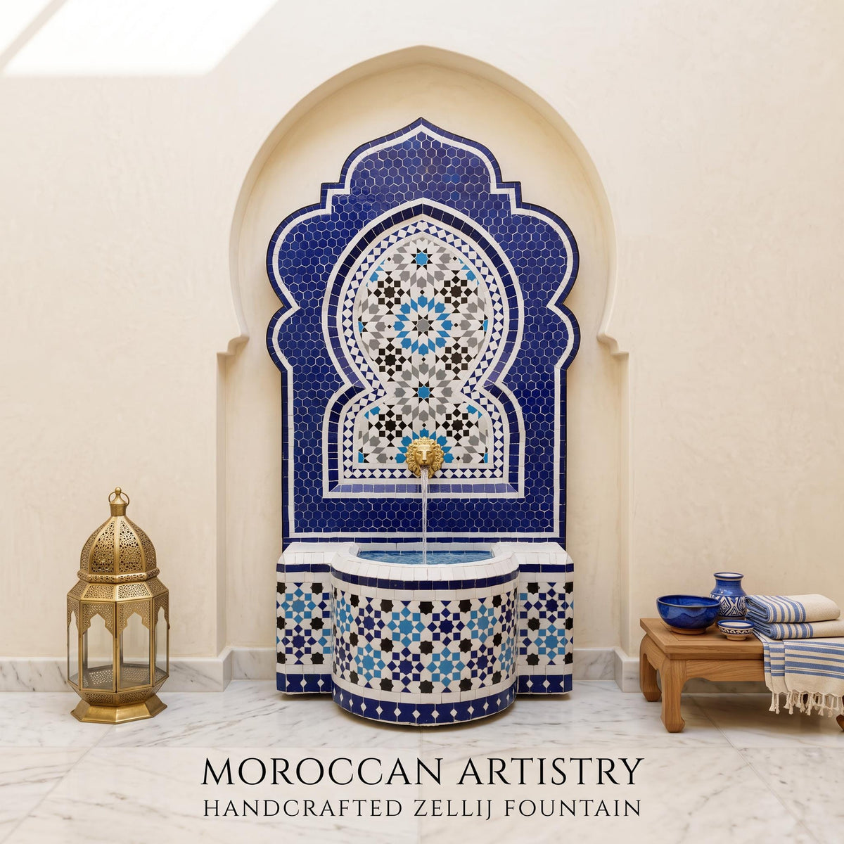 a beautifully crafted Moroccan-style fountain with intricate blue and white tile work, situated in a room with a wooden table and a gold lantern.