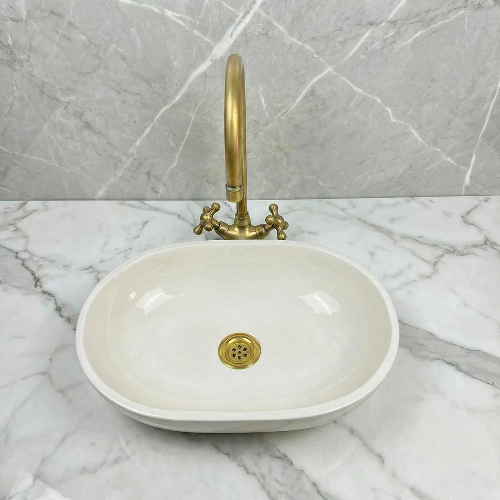Moroccan Oval Vessel Sink, Porcelain 32-48cm, Hammered Brass Plus