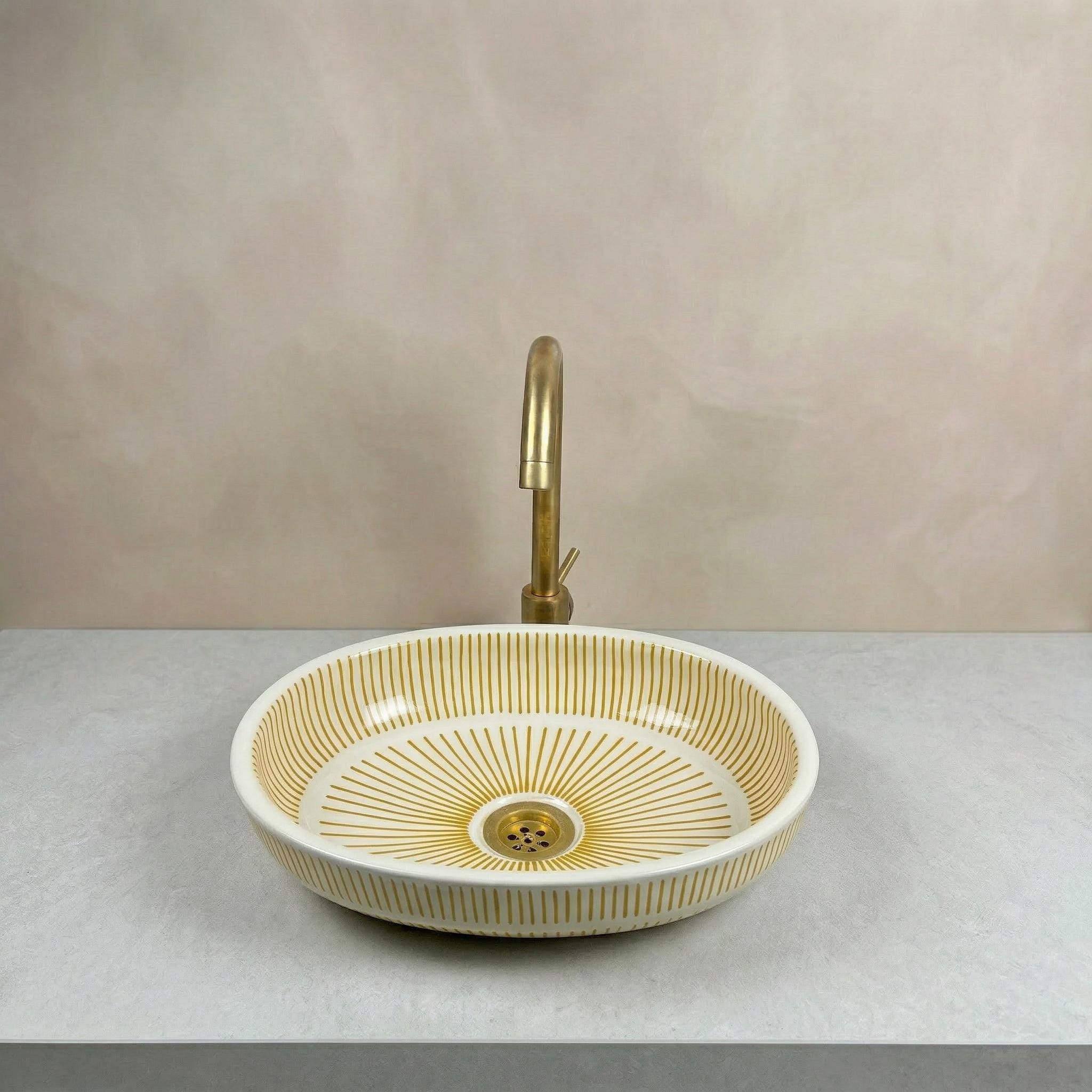 Moroccan Ceramic Sink, Orange Zellige Oval Basin 40Cm Brass Drain