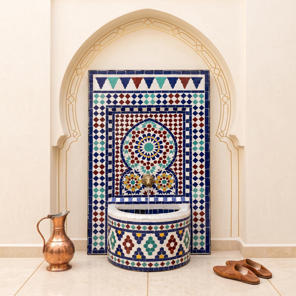 a decorative fountain with a mosaic design, situated in an arched doorway. Next to the fountain is a copper pitcher, and a pair of brown shoes are placed on the floor in front of the fountain.