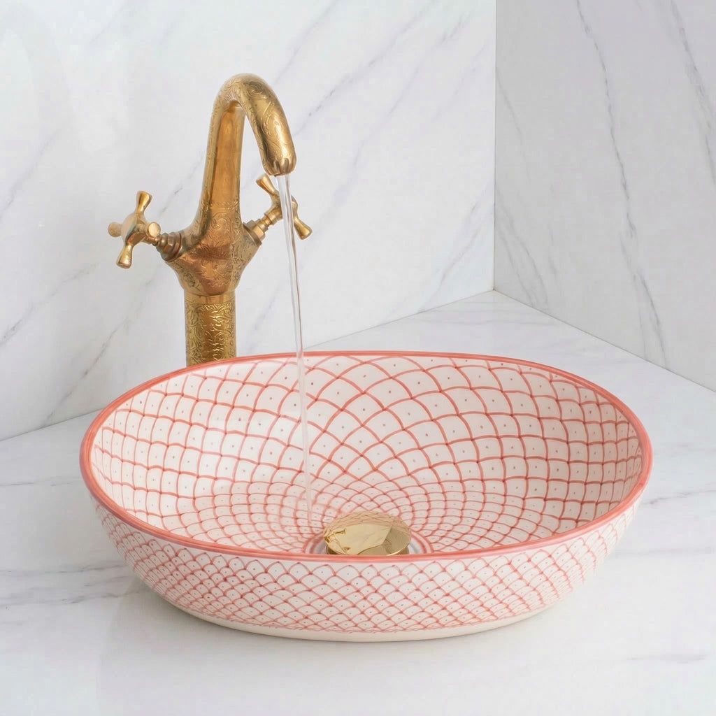Moroccan Vessel Sink, Hand-Painted Green Oval Porcelain, 32-48 Cm.