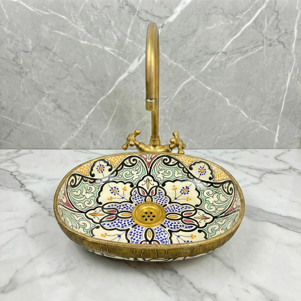 Oval Vessel Sink, Hand-Glazed Ceramic, Brass Drain Included, 40 Cm