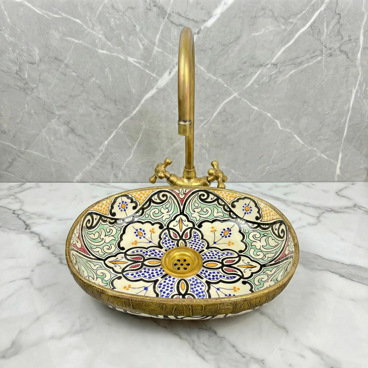 Oval Vessel Sink, Hand-Glazed Ceramic, Brass Drain Included, 40 Cm