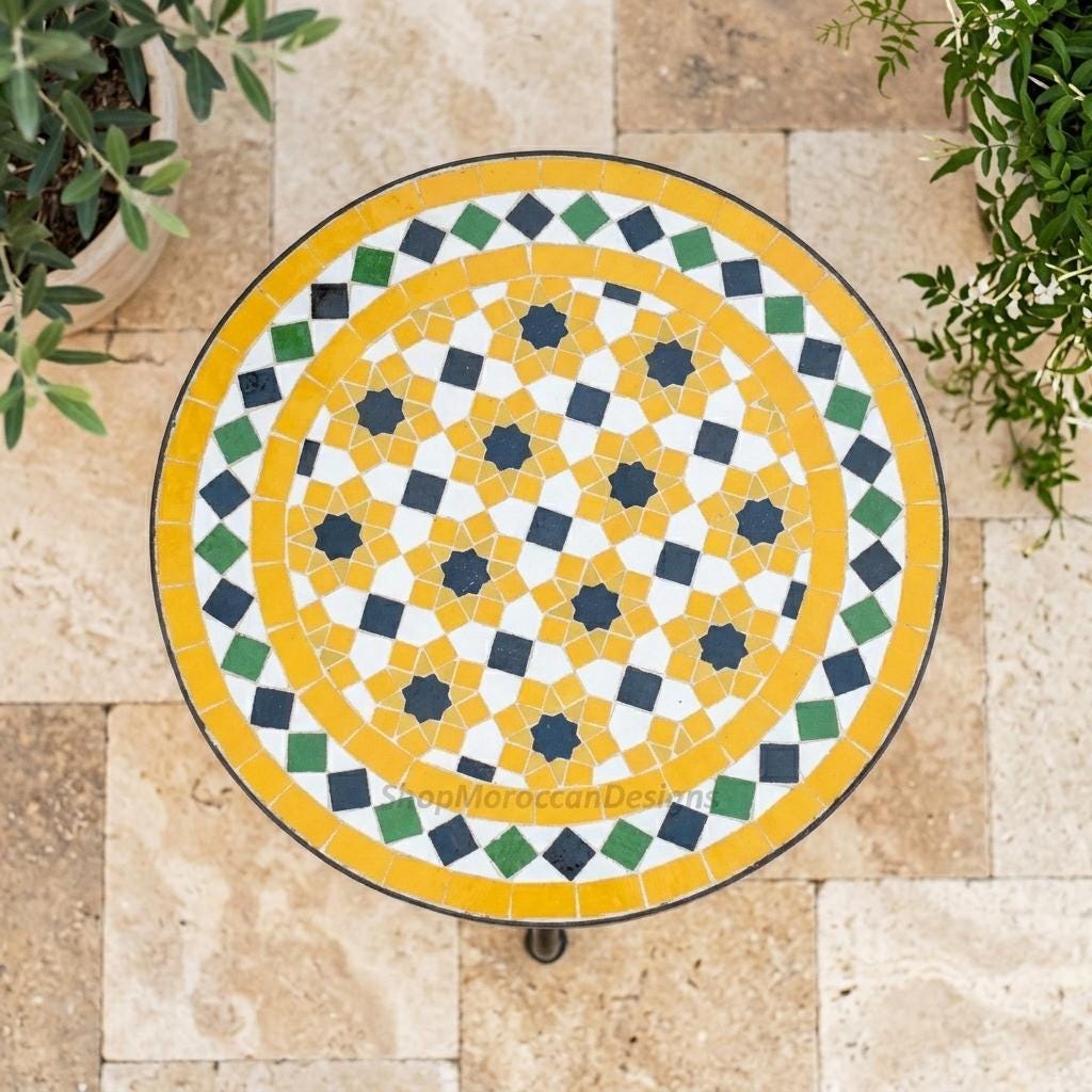 Moroccan Zellige Table', Handmade Mosaic Top, 12-48 In, Iron Base
