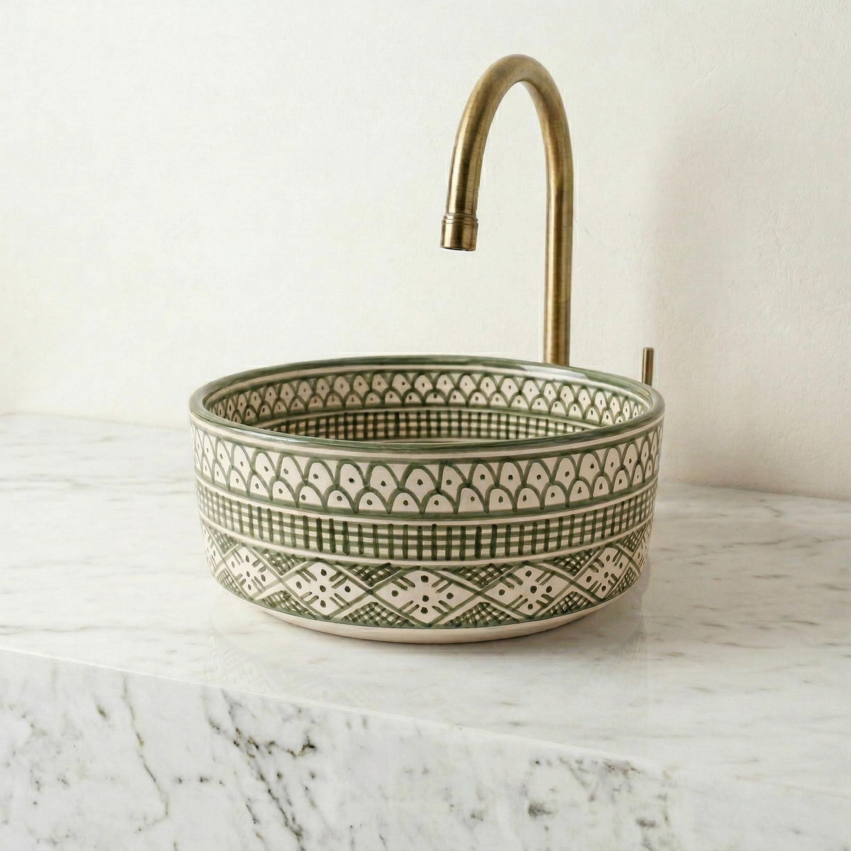 Moroccan Ceramic Vessel Sink, Sage, Kiln-Fired Handmade 8-16 Inch