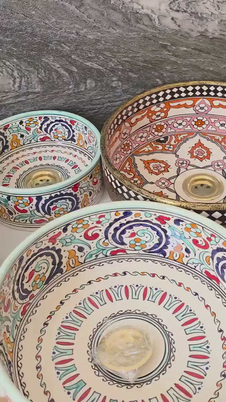 moroccan ceramic vessel sink Hand-Painted Tinin Basin Brass Drain